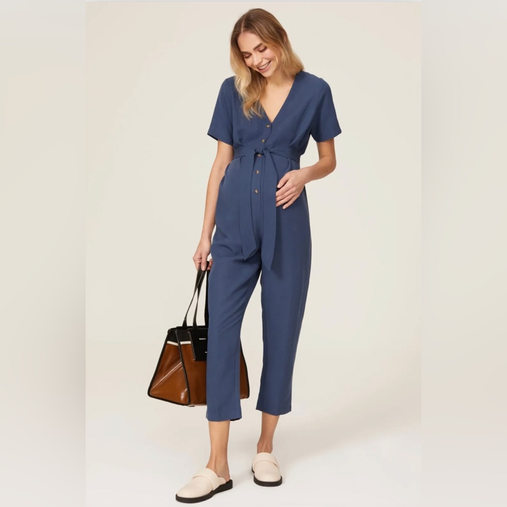 HATCH Noelle Maternity Jumpsuit Blue Sz 4 (XL) v neck short sleeve clay blue